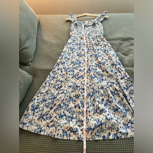 GAP Ruffle Neck Midi Dress Blue Floral Smocked Small Shirred Ruffle - Picture 10 of 14